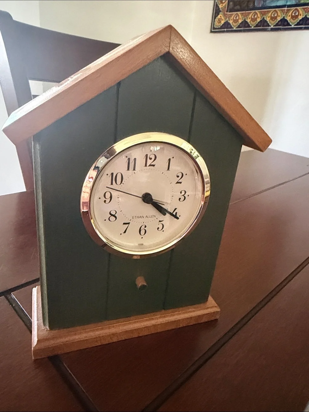 Vintage Ethan Allen Green and Brown Cottage-Style Mantel Clock with Gold Bezel
